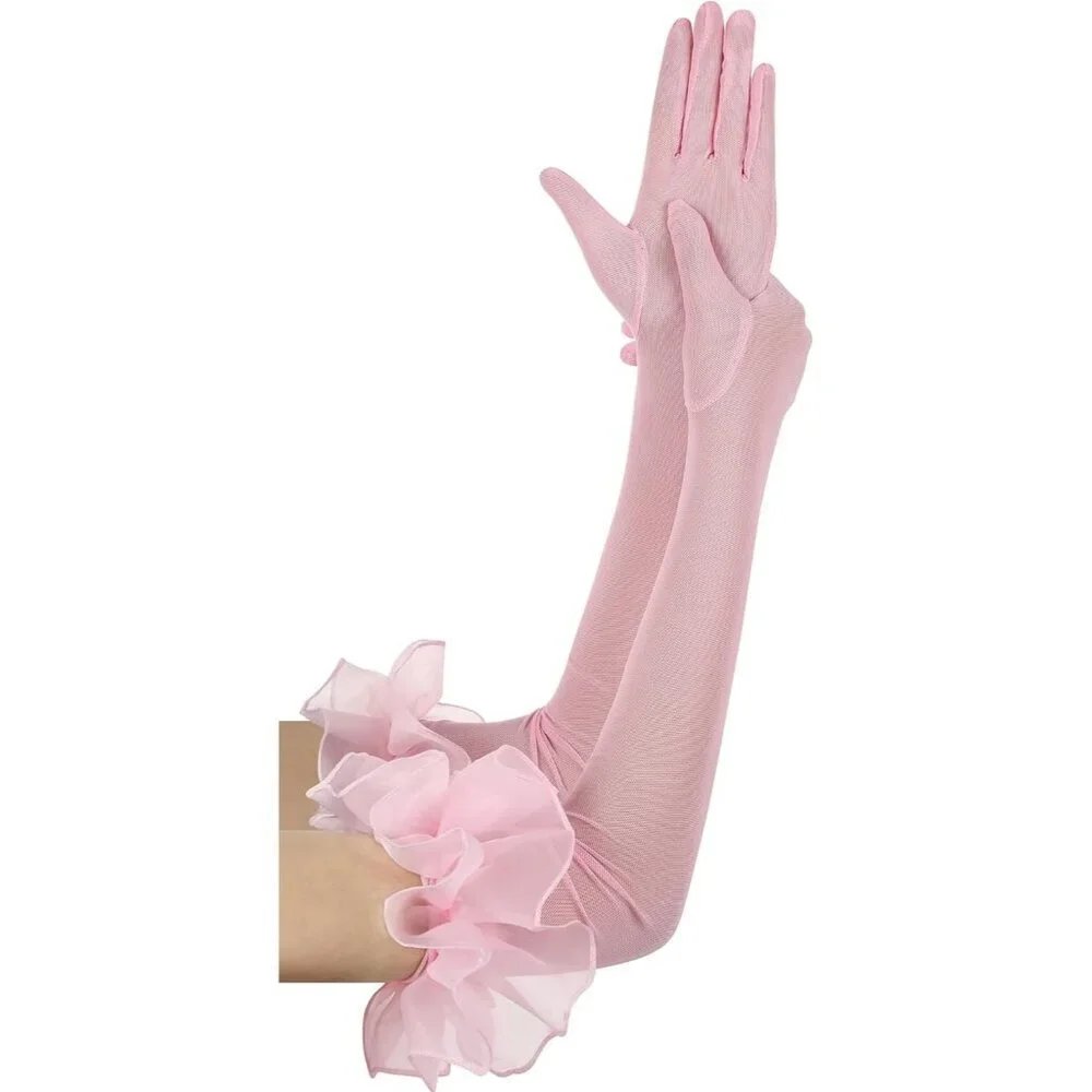 Women's Long Pink Ruffle Puff Cuff Sleeve Mesh Gloves Wedding Party Costume